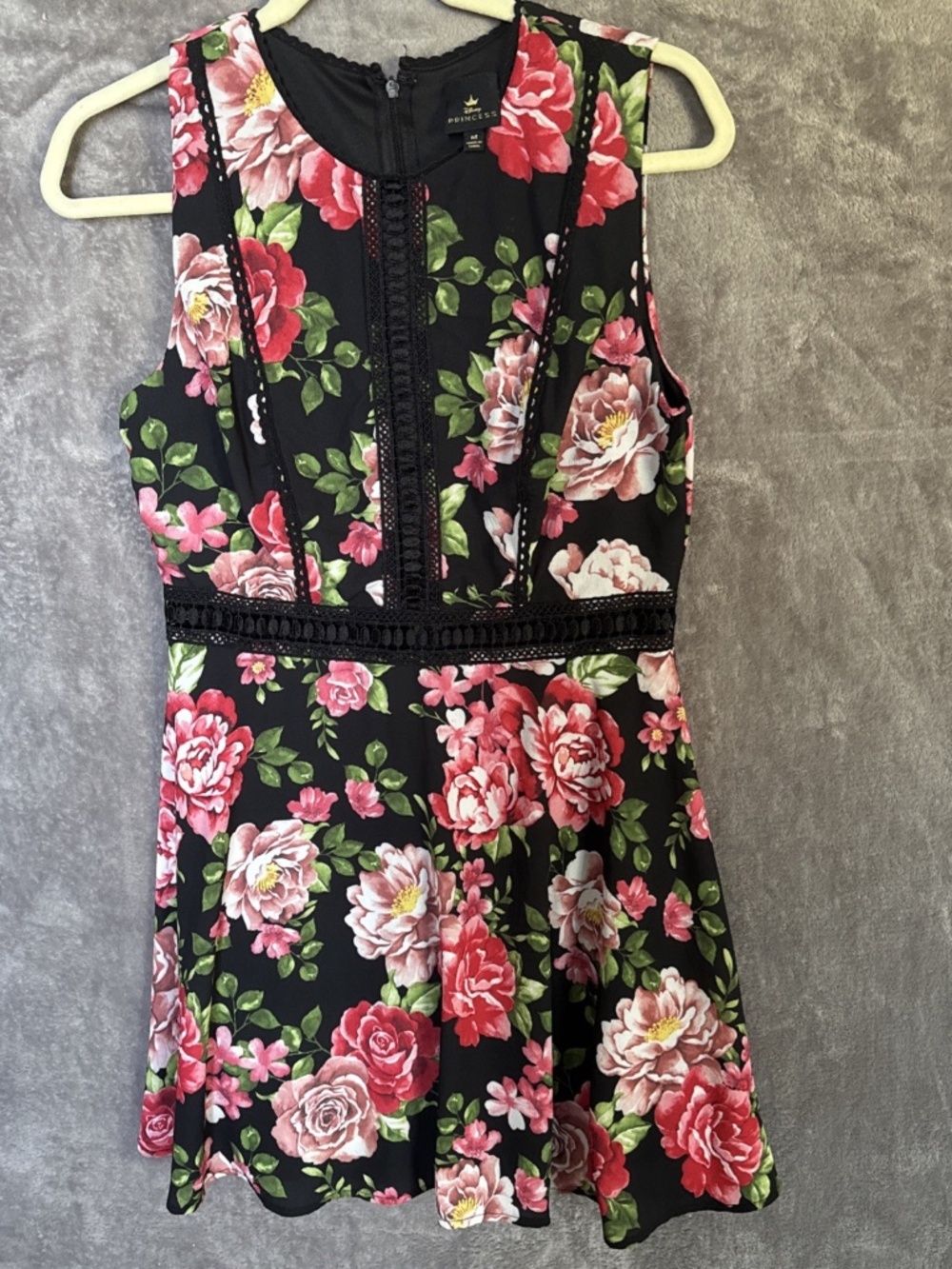 Disney Princess Women's Floral Fit & Flare Dress Black Pink Crochet Lined Size M